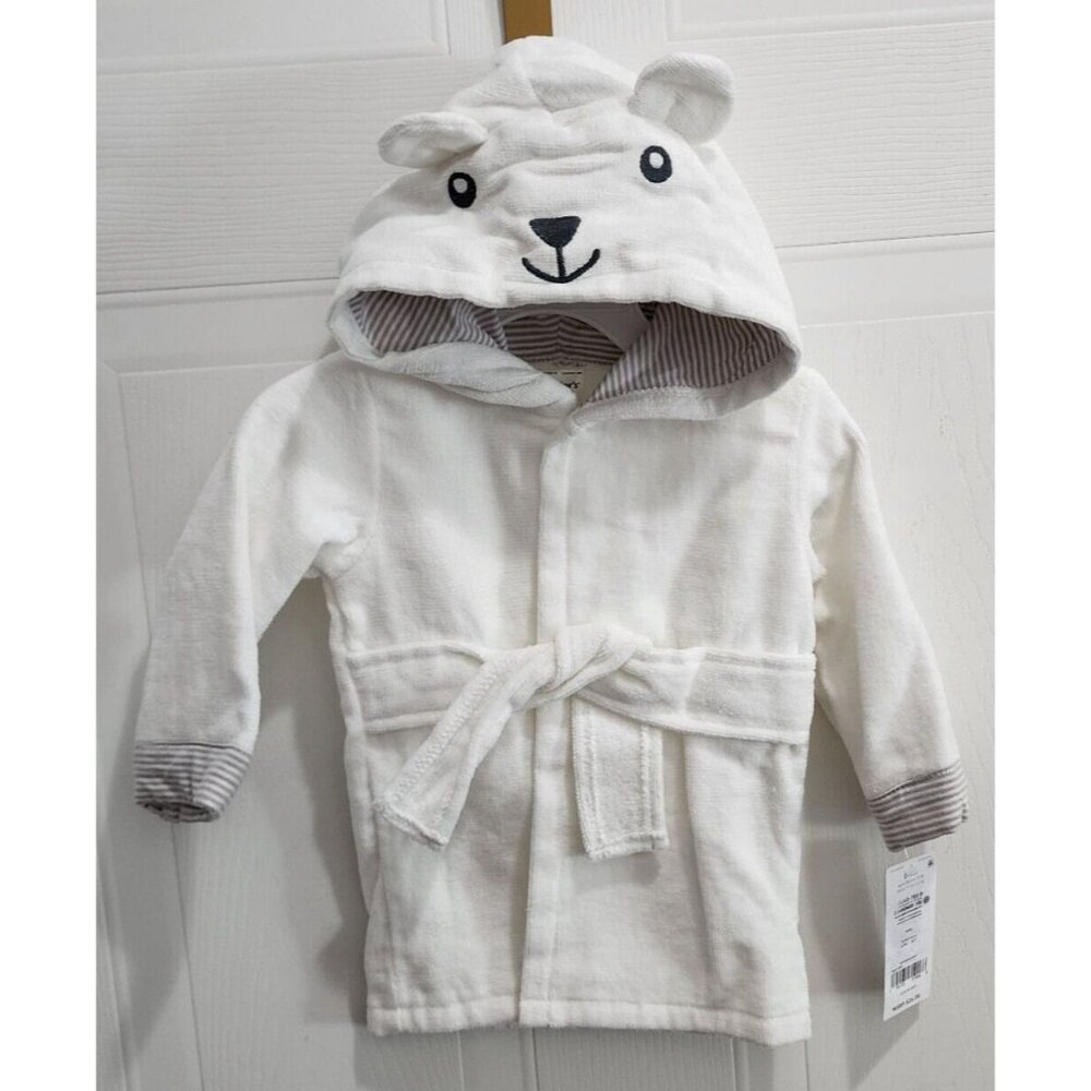NWT Carter's Baby White Bear Terry Cloth Bath Robe Size 0-9 Months 100% Cotton